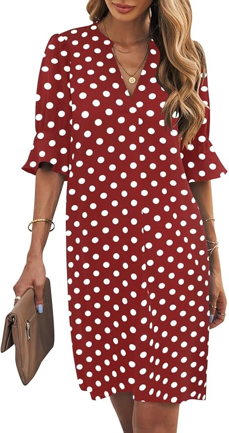 Wkior Shift Dress for Women V Neck Short Sleeves Solid Color Casual Flowy Summer Dresses(S-2XL)