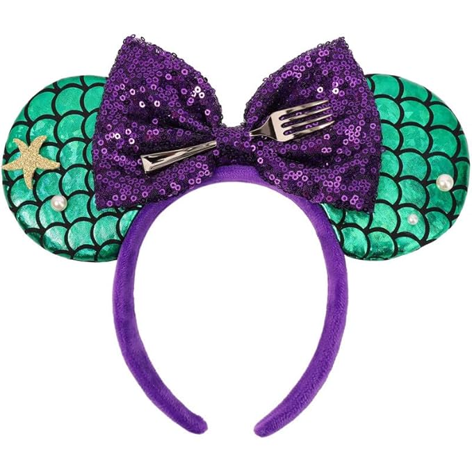 ETLUK Mouse Ears Headband, Mermaid Inspired Mouse Ears Sequin Bow Headbands for Adult Women Girls, Cosplay, Park Ears Party Decorations