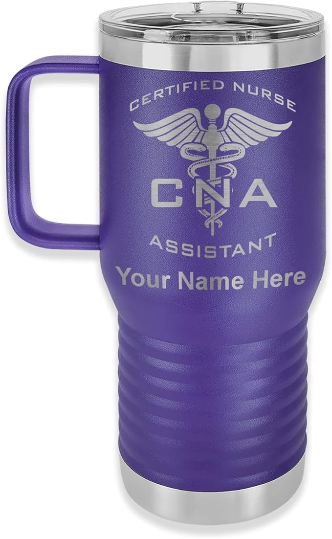 LaserGram 20oz Vacuum Insulated Travel Mug with Handle, CNA Certified Nurse Assistant, Personalized Engraving Included (Dark Purple)