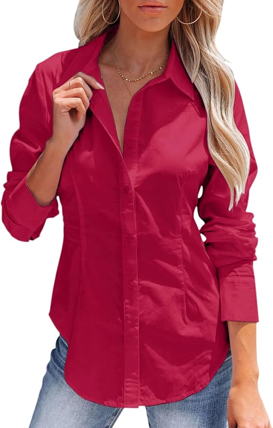 siliteelon Women's Button Down Shirts Long Sleeve Dress Shirts Wrinkle Free Collared Work Office Solid Blouses Corset Tops