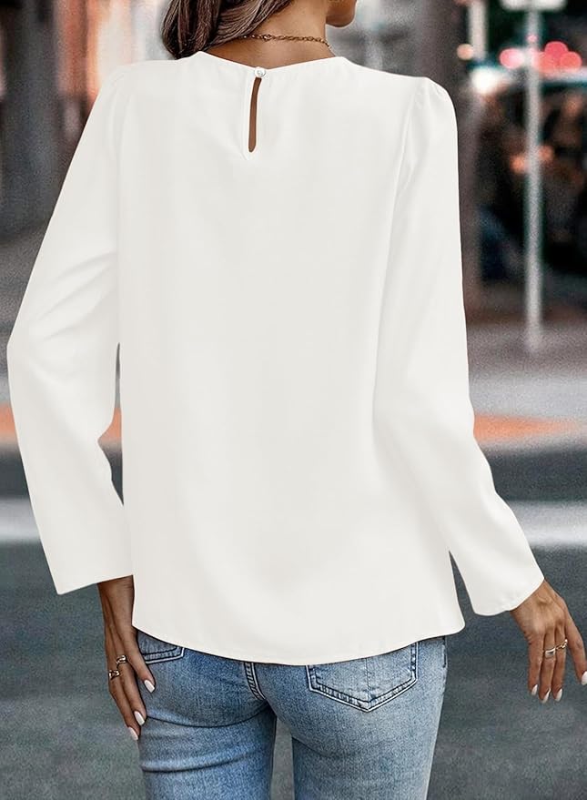 Samefar Womens Tops Dressy Casual Pleated Crew Neck Long Sleeve Shirts Office Work Chiffon Blouses