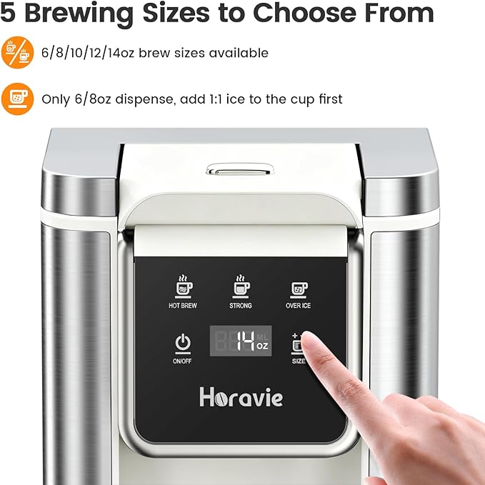 Horavie Single Serve Coffee Maker for K-Cup Pod and Grounds, Hot and Iced Coffee Maker, Strong Button Feature, 6 to 14oz Brew Sizes, 50oz Removable Reservoir, Fit 6.5" Mugs, Stainless Steel, White