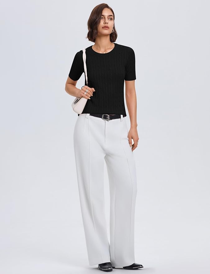 Micoson Womens Short Sleeve Cable Knit Sweater Tops Crewneck Lightweight Spring Summer Shirts Business Dressy Casual Outfits