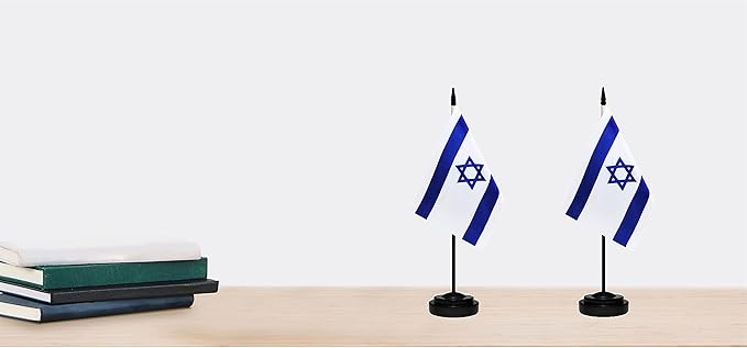 Israel Israeli Deluxe Desk Flag Set Small Mini Miniature Israel Israeli Table Desktop Flags With Solid Pole, Black Base and Spear Top(2 Pack)