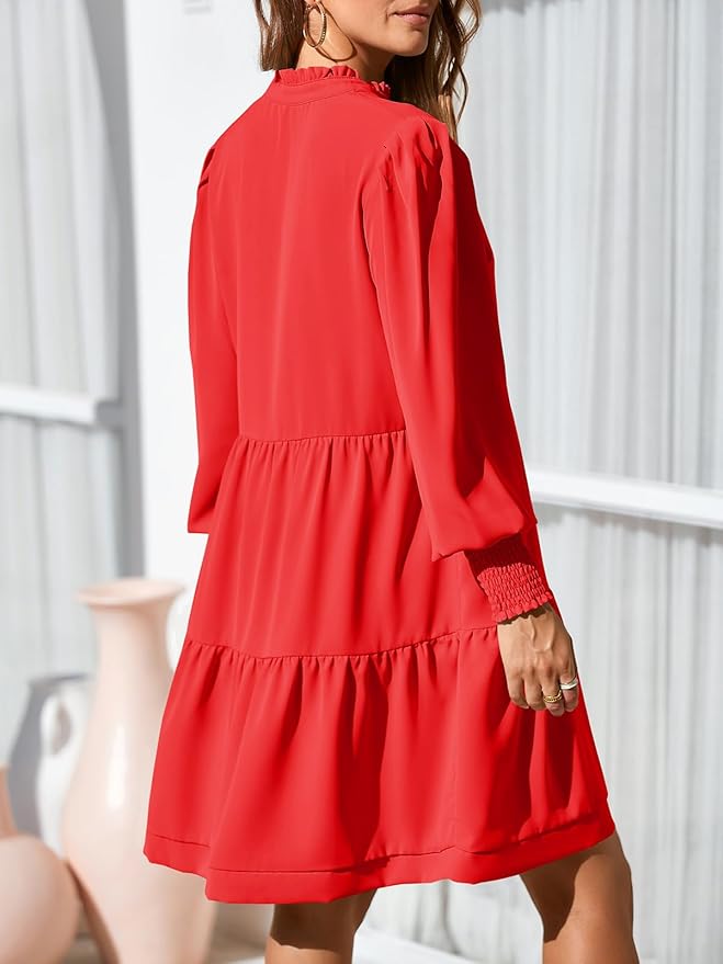 Imily Bela Womens Fall Long Sleeve Tunic Dress Casual V Neck Loose Ruffle Tiered Dress
