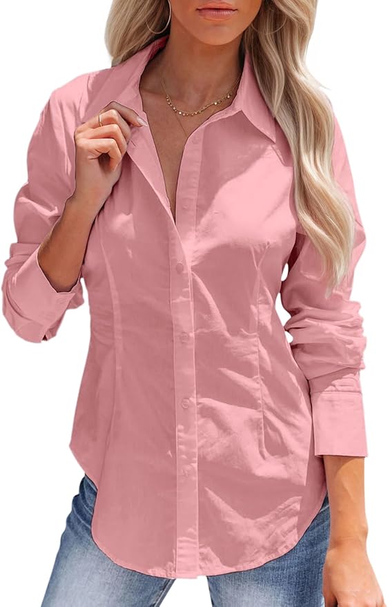 siliteelon Women's Button Down Shirts Long Sleeve Dress Shirts Wrinkle Free Collared Work Office Solid Blouses Corset Tops