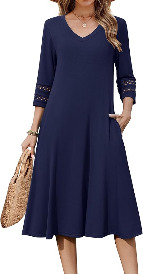 Zeagoo Women's Dresses 3/4 Sleeve Summer Casual V-Neck A Line Flowy Eyelet Midi Dress for Women Beach Vacation Sundress