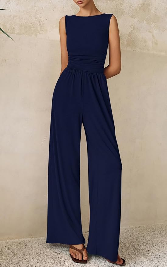 PRETTYGARDEN One Piece Jumpsuits for Women Dressy Casual Sleeveless Crewneck Wide Leg Rompers Jumpers Vacation Summer Outfits