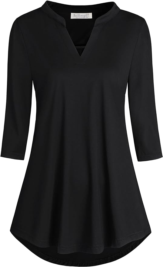 BAISHENGGT 3/4 Sleeve Tops for Women Notch V Neck Floral Work Blouses Dressy Casual Loose Fit Going Out Tunic Tops