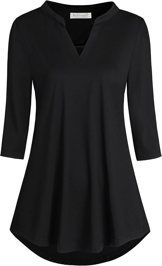 BAISHENGGT 3/4 Sleeve Tops for Women Notch V Neck Floral Work Blouses Dressy Casual Loose Fit Going Out Tunic Tops