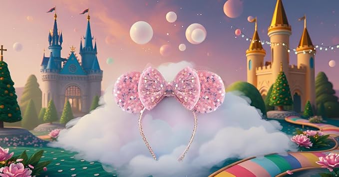 KARETT Sequins Mouse Ears Headband With Glitter Bow Princess Party Decorations For Girls Women