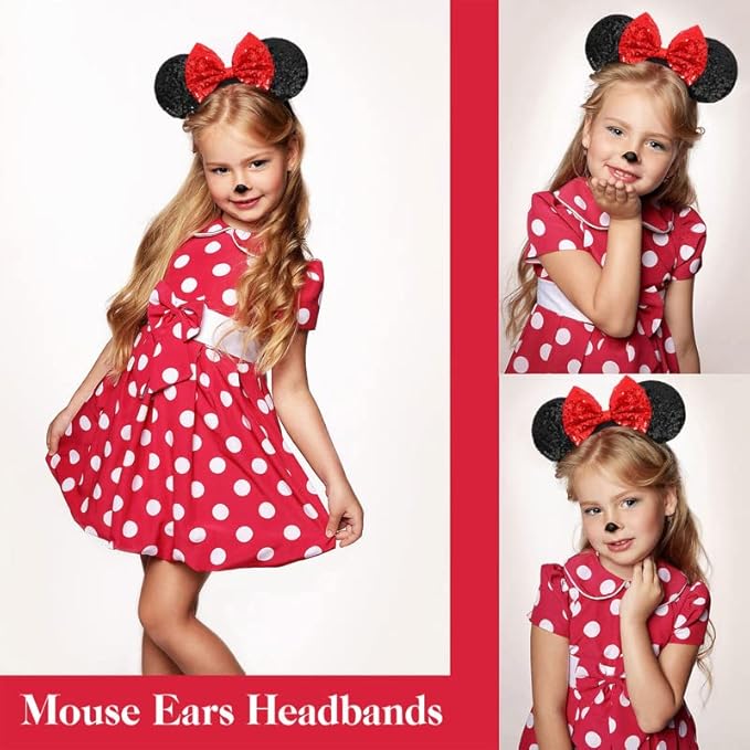 ETLUK Mouse Ears Headband, Mouse Ears Sequin Bow Headbands for Women Girls, Cosplay Accessories Party Decorations (Red Bow)