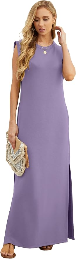 GRECERELLE 2026 Women Year-Round Casual Round Neck Loose Split Wrinkle-Free Long Maxi Vacation Dress with Pockets (XXS-4XL)