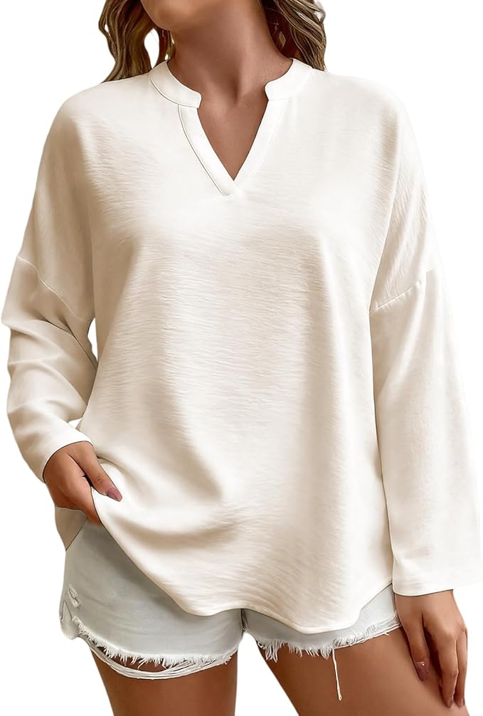 Elegant Shirts for Women Solid Color Long Sleeve V Neck Blouses Loose Comfy Business Work Casual Pullover Tops