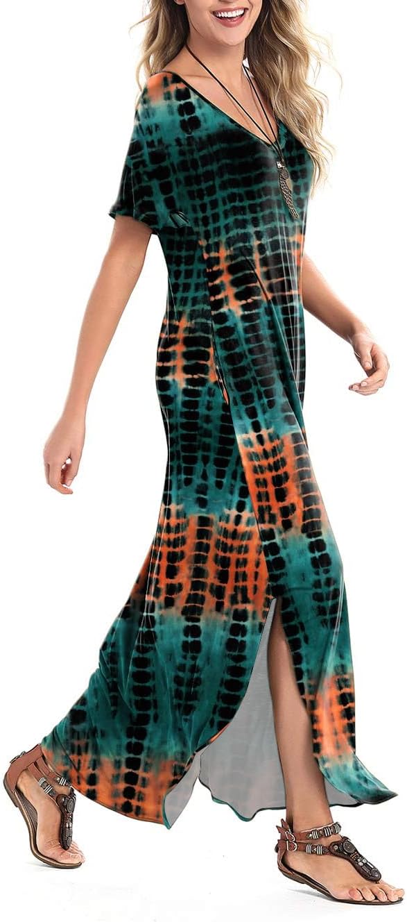 Arolina Women's Summer Maxi Dress Short Sleeve V Neck Casual Loose Long Beach Split Dresses with Pockets