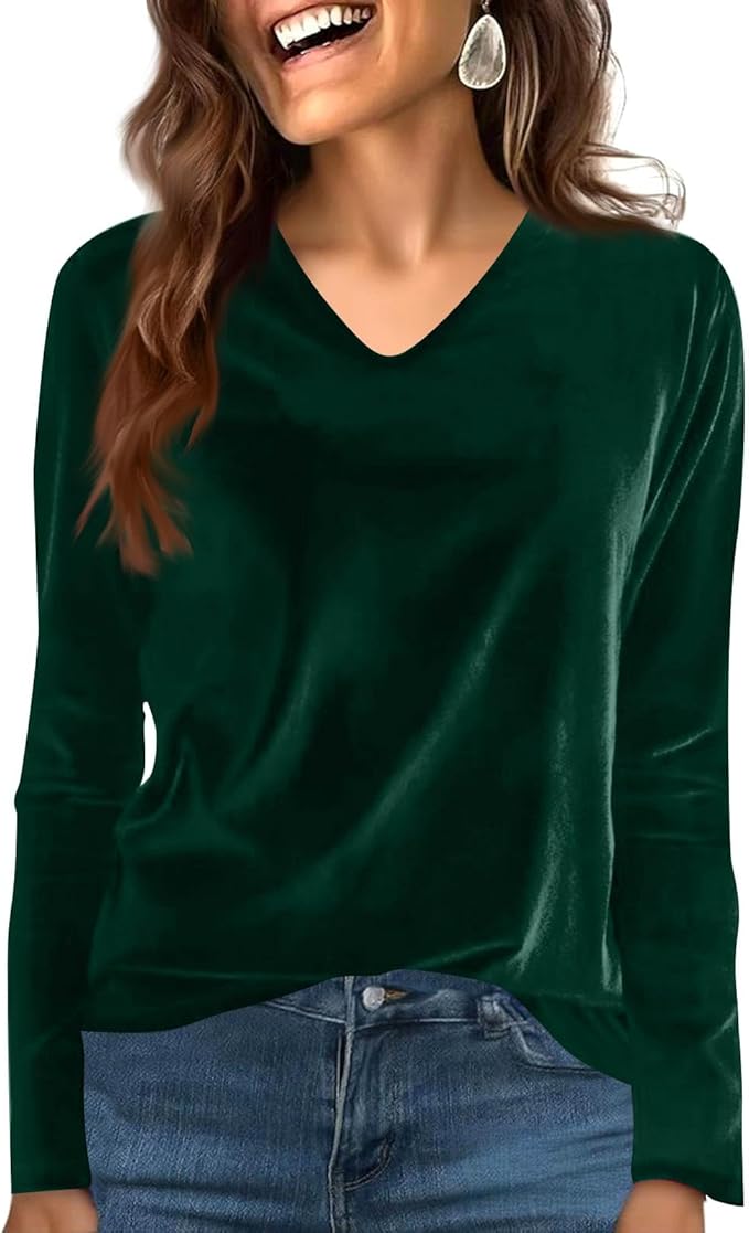 Velvet Tops for Women Dressy Casual V Neck Shirts Loose Fit Vintage Long Sleeve Velour Blouse Solid Holiday Party Outfits