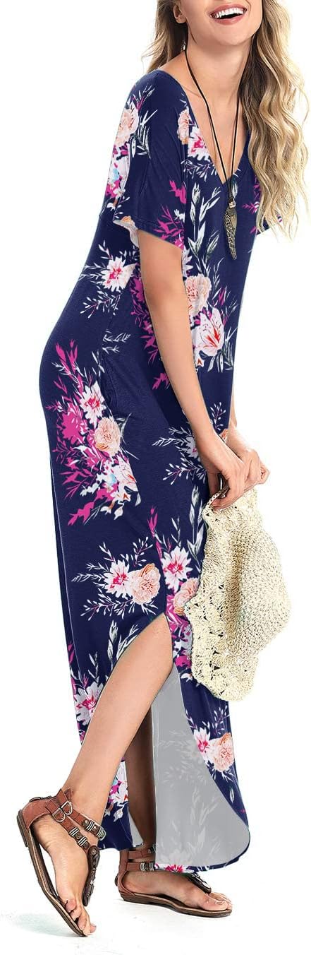 Arolina Women's Summer Maxi Dress Short Sleeve V Neck Casual Loose Long Beach Split Dresses with Pockets