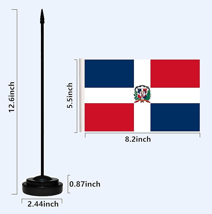 Dominica Dominican Deluxe Desk Flag Set Small Mini Miniature Dominica Dominican Table Desktop Flags With Solid Pole, Black Base and Spear Top(2 Pack)