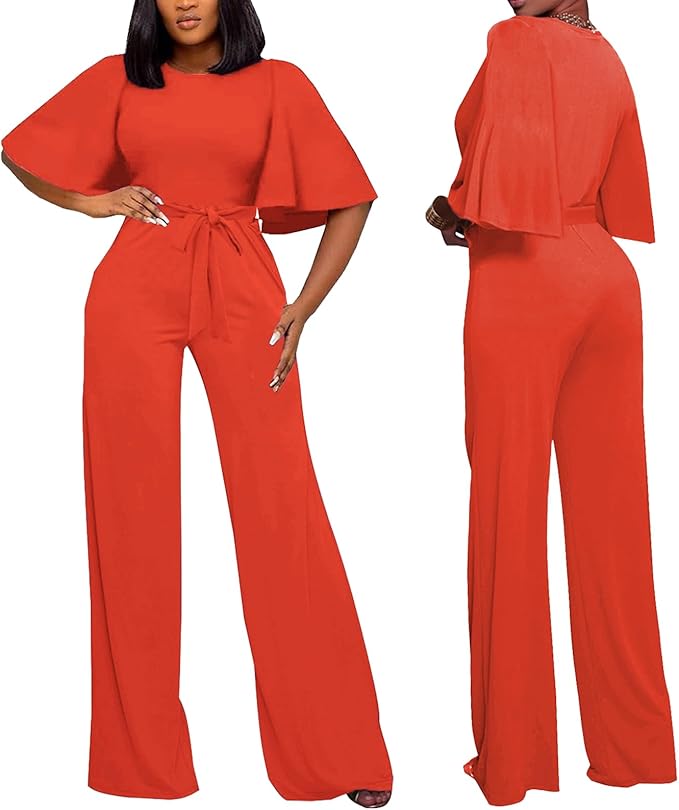 BessCops Womens Loose Short Sleeve Belted Wide Leg Pant Romper Jumpsuit Casual Business One Piece Outfits