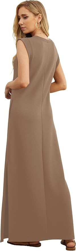 GRECERELLE 2026 Women Year-Round Casual Round Neck Loose Split Wrinkle-Free Long Maxi Vacation Dress with Pockets (XXS-4XL)