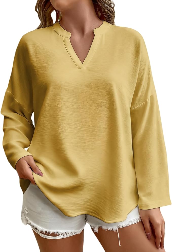 Elegant Shirts for Women Solid Color Long Sleeve V Neck Blouses Loose Comfy Business Work Casual Pullover Tops