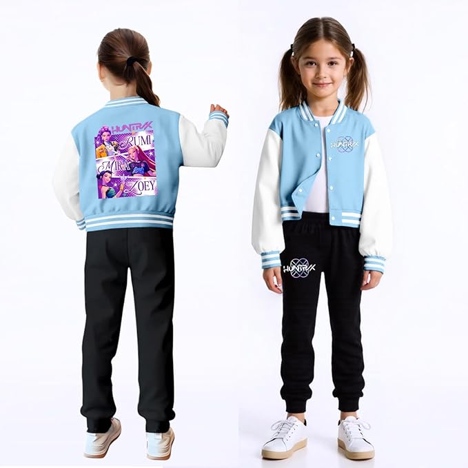 K PopGirls Kpop Tracksuit Cute Cartoon Print Baseball Coats Fashion Long Sleeve Jackets and Pants Christmas Costume Set