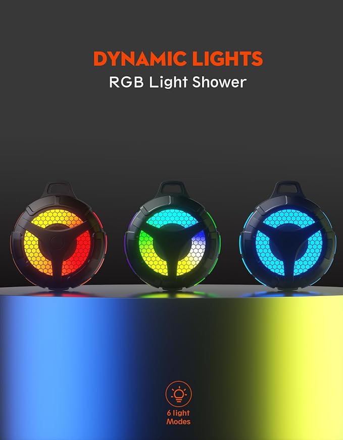 Bluetooth Shower Speaker, Suction Cup, Small Portable Wireless IPX7 Waterproof Outdoor Speakers, 15W Loud Stereo Sound Deep Bass, TWS Pairs, 6 Mode RGB Lights, All Ages Gift for Christmas