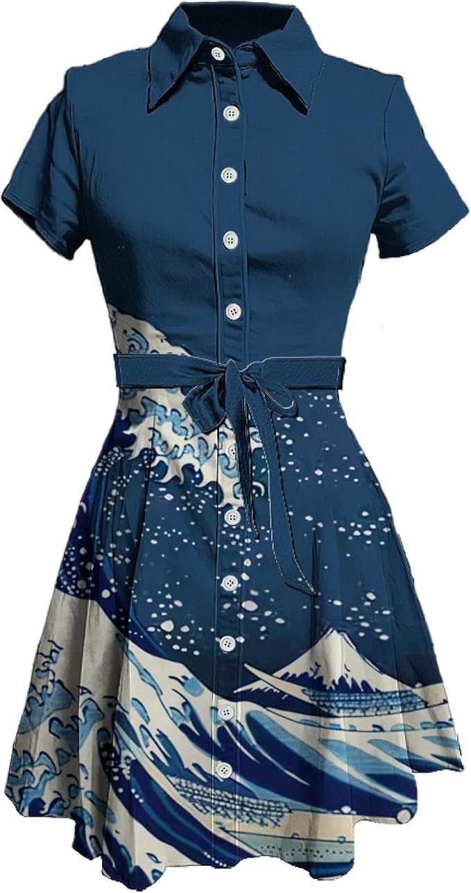 MARSVOVO Japanese Art Shirt Dresses for Women Short Sleeve Ruffle Button Down Tie Waist Trendy Elegant Midi Dress