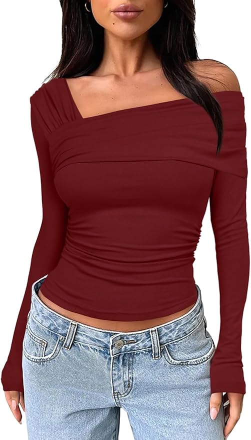 Darong Women's Off Shoulder Tops Y2K Shirt Slim Fit Ruched Crop Top Long Sleeves Spring Fall Blouse Going Out Shirt