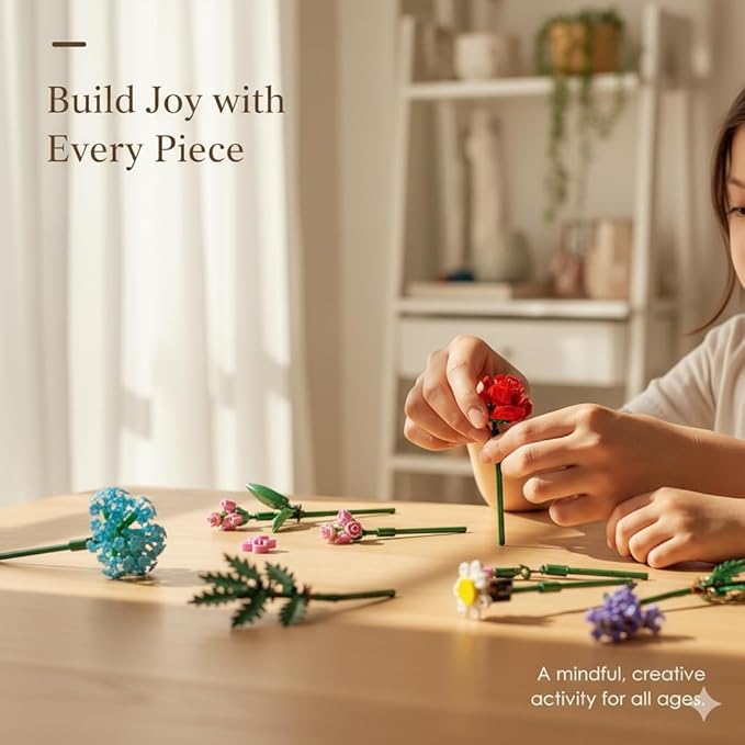 Dexblocks 1000 Pcs Flower Bouquet Building Kit,Artificial Flower Bouquet Kit for Adults, Botanical Collection Home Decor, for Women and Girls,Anniversaries and Christmas Ideal Gift