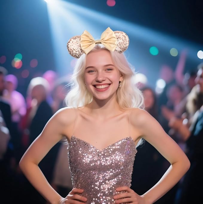 bianbaistar Champagne Glitter Mouse Ears Headband, Luxe Satin Bow for Bridal Events & Park Days