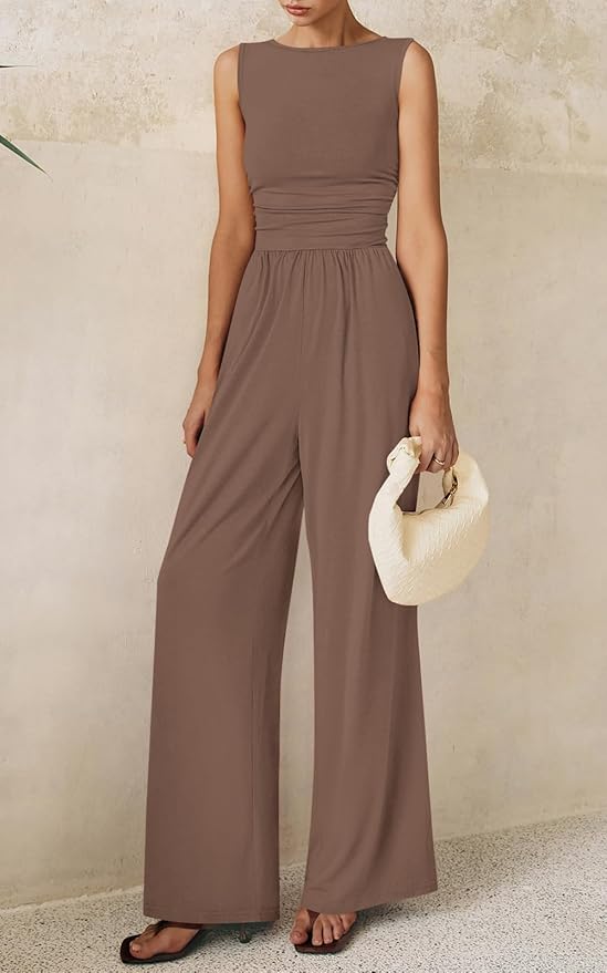 PRETTYGARDEN One Piece Jumpsuits for Women Dressy Casual Sleeveless Crewneck Wide Leg Rompers Jumpers Vacation Summer Outfits