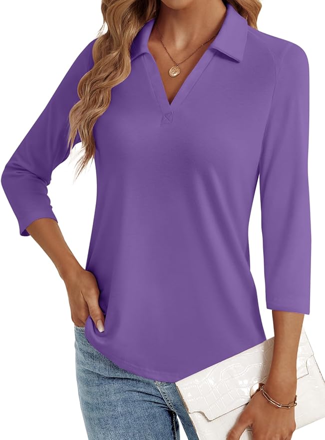 3/4 Length Sleeve Womens Tops Dressy Casual V Neck Polo Shirts Business Work Blouses 2025 Trendy Tunic Top