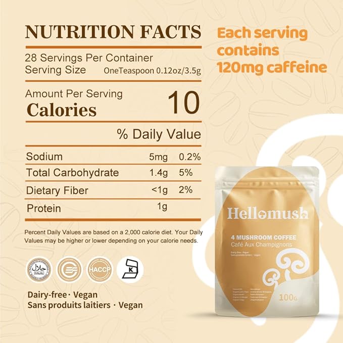Hellomush Organic Instant Mushroom Coffee with Lions Mane, Reishi, Chaga and Cordyceps Coffee, Adaptogen Drink for Greater Energy, More Focus, Better Digestion, and Gut Support 30 Servings 3.7 oz