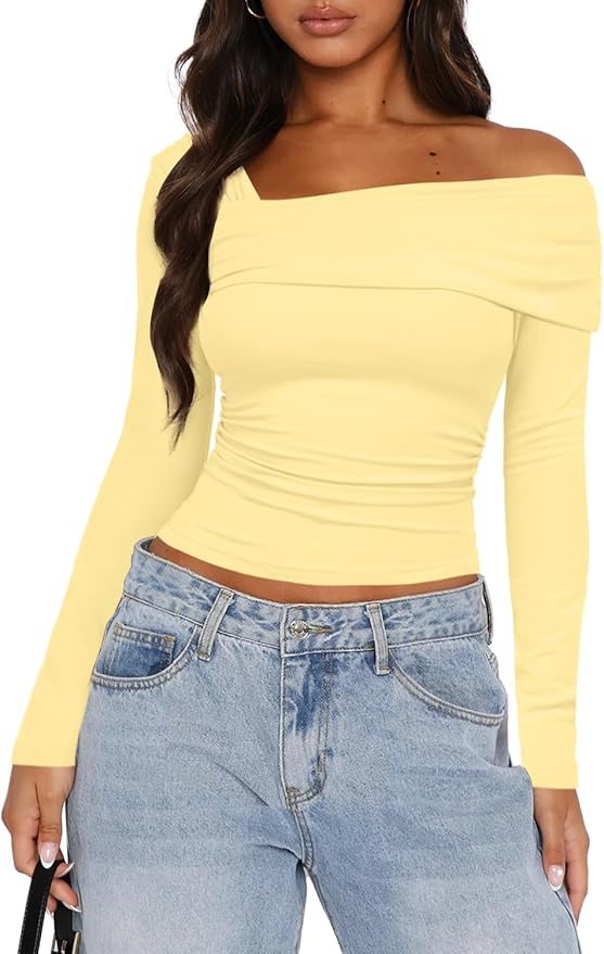 Darong Women's Off Shoulder Tops Y2K Shirt Slim Fit Ruched Crop Top Long Sleeves Spring Fall Blouse Going Out Shirt