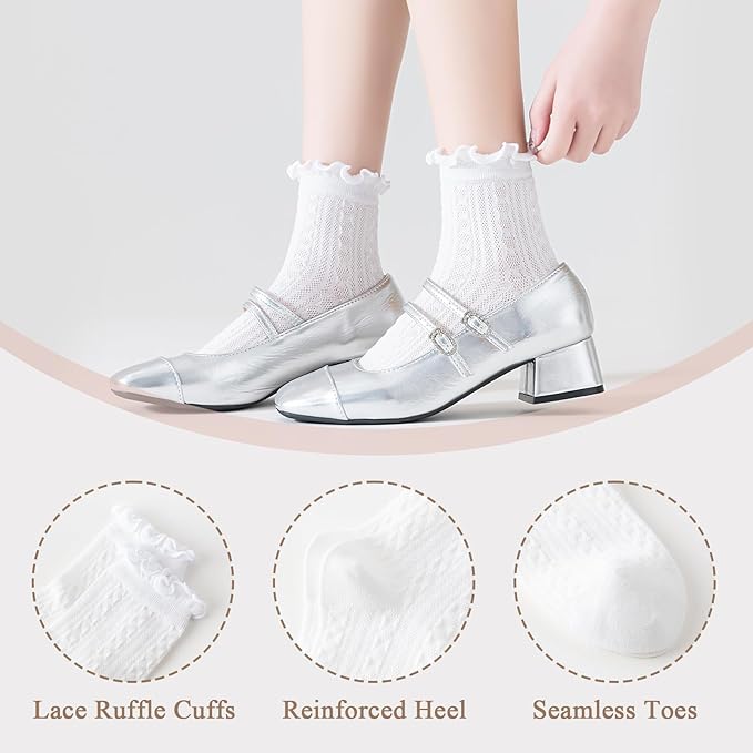 Mcool Mary Womens Crew Socks Ruffle Casual Cotton Frilly Breathable Cute Knit Lettuce Trim Dress Ankle Socks 6 Pack