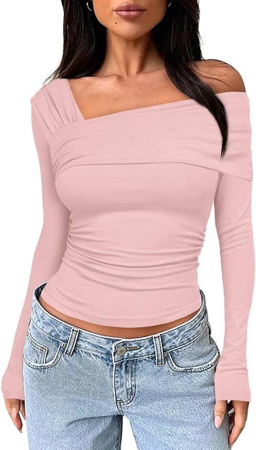 Darong Women's Off Shoulder Tops Y2K Shirt Slim Fit Ruched Crop Top Long Sleeves Spring Fall Blouse Going Out Shirt