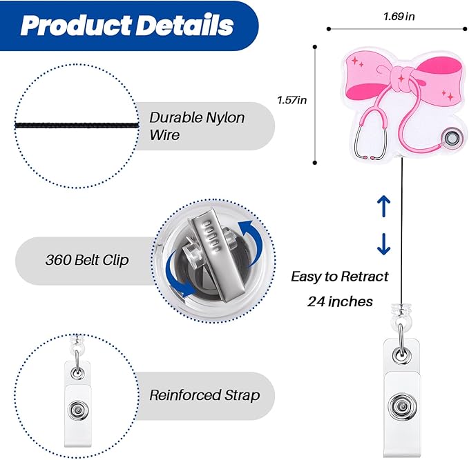 Pink Bow Stethoscope Badge Reel, Cute Retractable ID Card Badge Holder, Name Tag Work Badge Clip for ICU NICU RN LPN CNA MA ER Cardiology Night Shift Nurse Nursing Student OR GI Doctor, Nurse Gifts