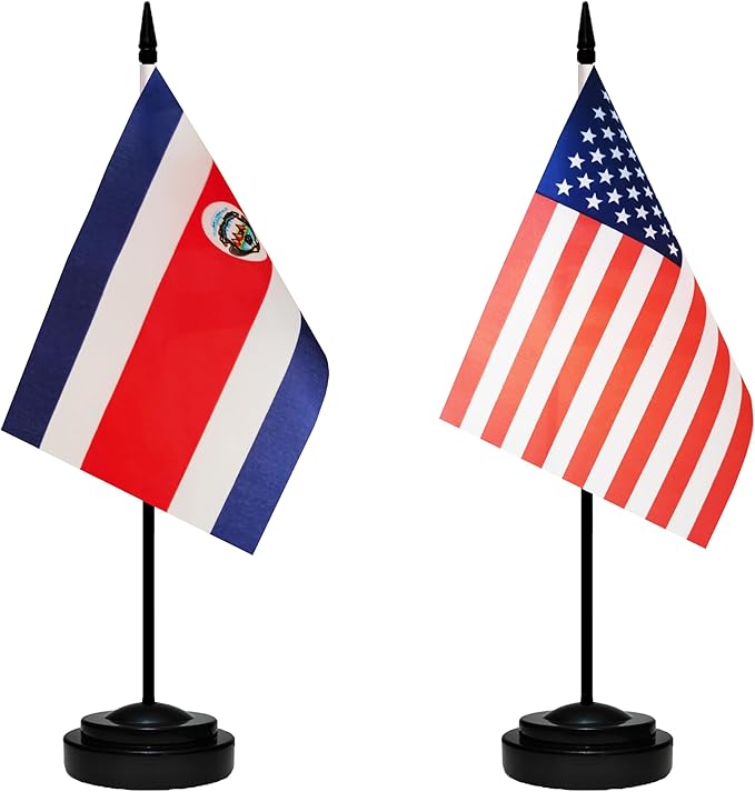USA American & Costa Rica Costa Rican Desk Flags, US Costa Rica Table Flag, Small Mini American & Costa Rican Twin Table Office Flag, Miniature Costa Rican and US Desktop Flag With 13" Solid Black Pole, Black Base