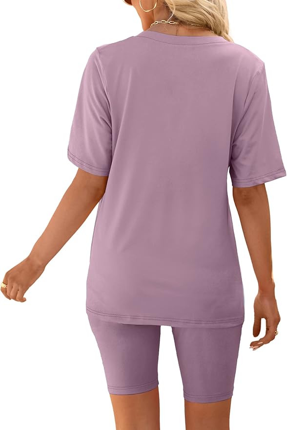 AGSEEM Two Piece Outfits For Women Summer V Neck T-Shirt Tops Biker Shorts Workout Sports Tracksuit