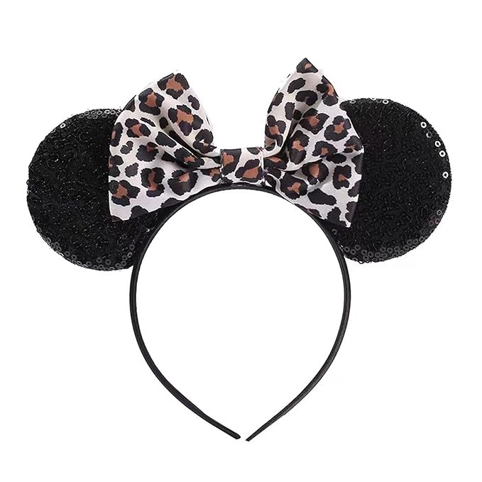 XINMEINNE Leopard Print Mouse Ears Headband,Sequin Mouse Ears Headbands for Women Adult,Birthday Party Princess Decoration