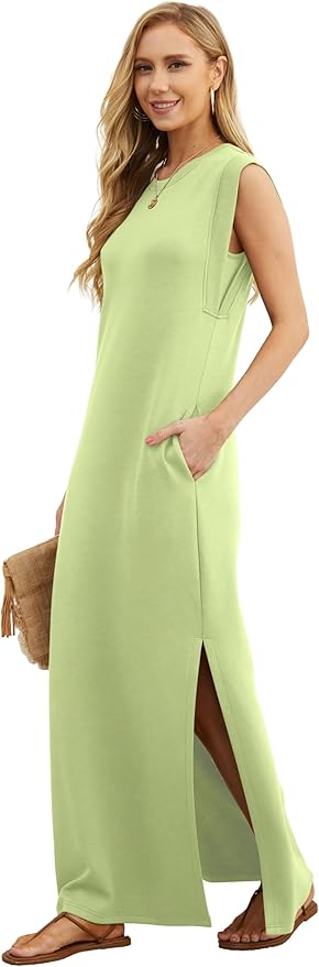 GRECERELLE 2026 Women Year-Round Casual Round Neck Loose Split Wrinkle-Free Long Maxi Vacation Dress with Pockets (XXS-4XL)