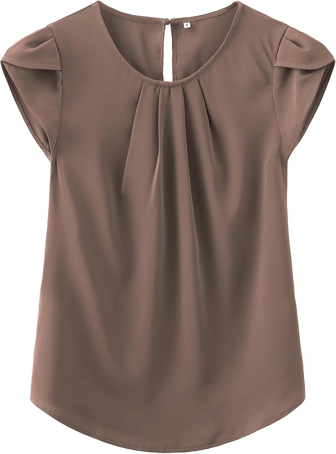 TASAMO Women's Casual Round Neck Basic Pleated Top Cap Sleeve Curved Keyhole Back Chiffon Blouse