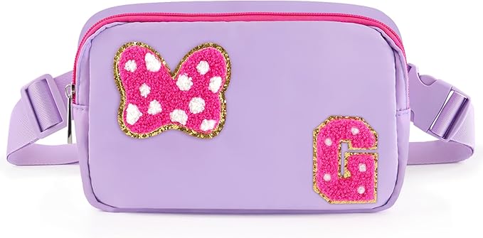 Chenille Initial Letter Bow Mouse Fanny Pack, Waterproof Park Crossbody Bag Christmas Birthday Gifts for Teen Girls Daughter Women Kids Adults, Cute Belt Bag Must Haves for Park Travel (G, Purple)