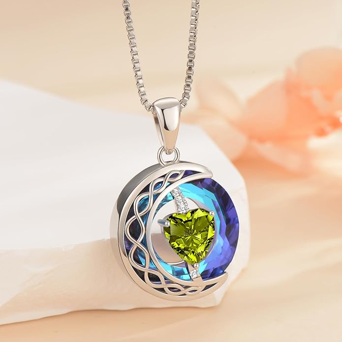 LIANYU Necklace for Womens Blue Sapphire Necklace Moon Pendant S925 Sterling Silver Crystal Jewelry for Women Pendant Birthday Gifts for Wife Gifts Valentine Anniversary