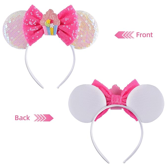 Seamoy Birthday Pink Minnie Ears Headband, Sparkle Birthday Mouse Ears, Princess Headwears for Women Girls (1 Count, Pink)
