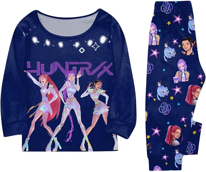 Girls 2 Piece K Pop Singer Outfits Cute Cartoon Graphic Shirts and Pants Casual Tracksuit Fashion Clothing Sets