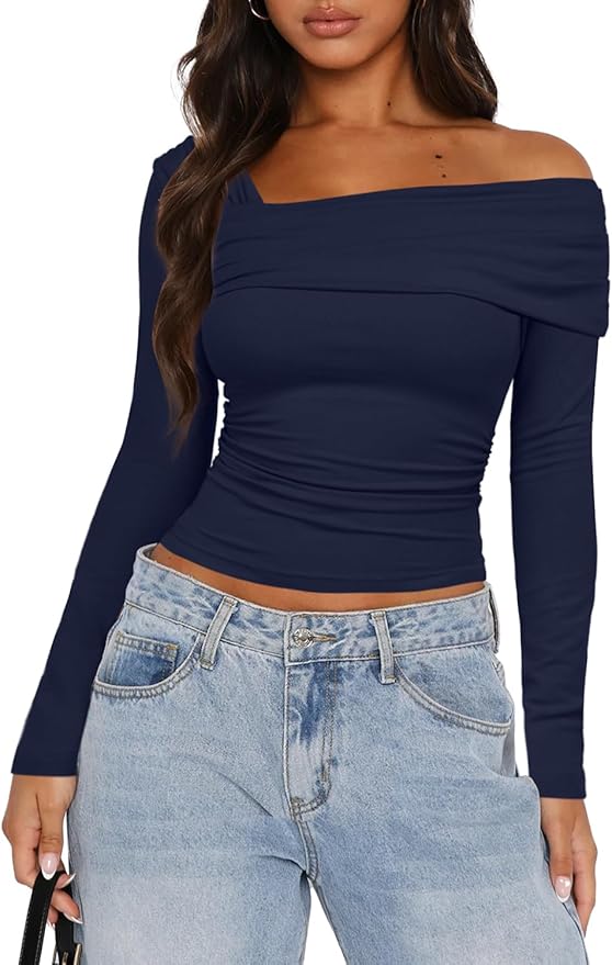 Darong Women's Off Shoulder Tops Y2K Shirt Slim Fit Ruched Crop Top Long Sleeves Spring Fall Blouse Going Out Shirt