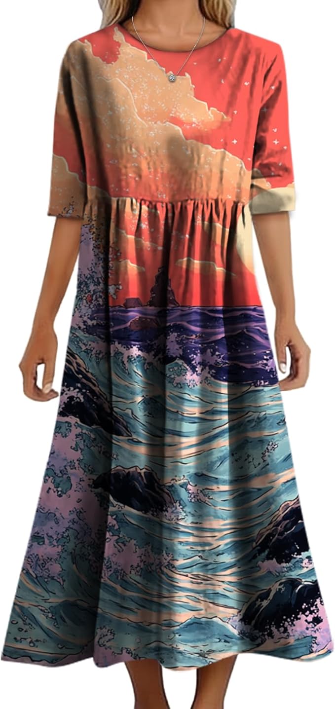 MARSVOVO Trendy Dresses for Women 2025 Classic Fairy Flowy Sundress Relaxed Fit Dress with Side Pockets