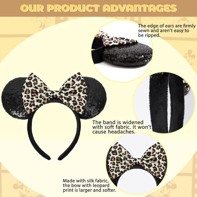 ETLUK Mouse Ears Headband, Mouse Ears Sequin Bow Headbands for Women Girls, Cosplay Accessories Party Decorations (Black)